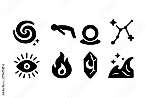 Astral Icon Set. Astral realm. Filled icon set of astral realm: galaxy swirl, floating body, portal ring, star