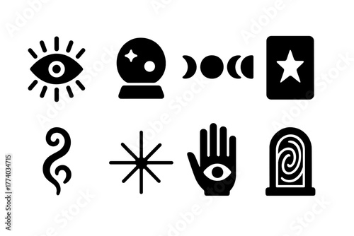 Mystical Icon Set. Mystical visions. Filled icon set of mystical visions: third eye, crystal ball, moon phases