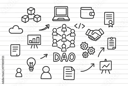 Decentralized Organization Doodle. Decentralized organizations (DAO). Hand-drawn doodle illustration of