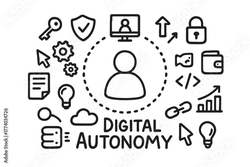 Digital Autonomy Doodle. Digital autonomy. Hand-drawn doodle illustration of digital autonomy. In the middle,