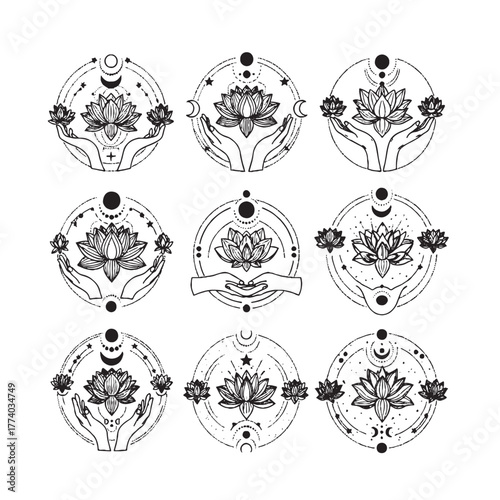Creative bohemian lotos flowers tattoos  tidy vector floral design.