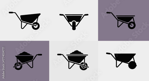 Silhouette set of wheelbarrows: simple icons for construction and gardening