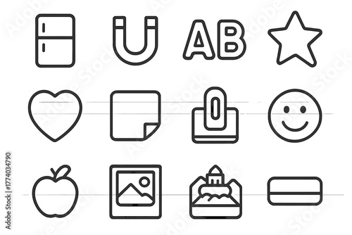 Fridge Magnet Icons. Fridge magnets. Line outline icon set of fridge magnets: refrigerator, magnet, alphabet