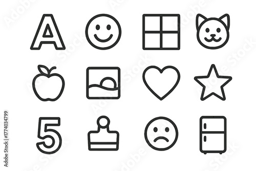 Creative Magnet Icons. Creative magnets. Line outline icon set of creative magnets: letter magnet, smiley