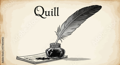 Elegant quill pen drawing on paper with ink bottle vintage style