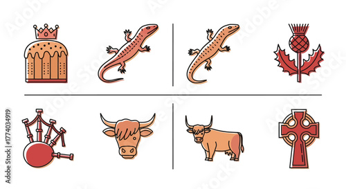 Colorful celtic symbols and scottish heritage icons in flat style