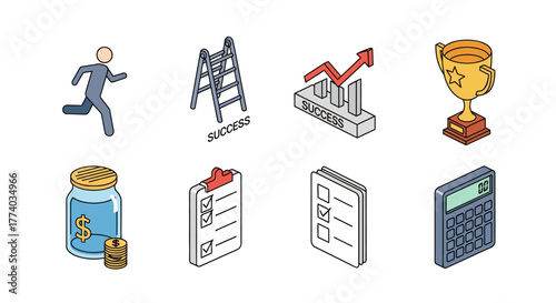 Isometric icons of success and achievement for business and finance
