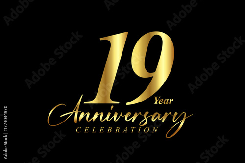 19 year Anniversary celebration. Gold luxury banner vector illustration.