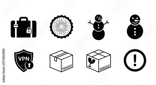 Silhouette icons: security, packages, and seasonal snowman designs for various applications