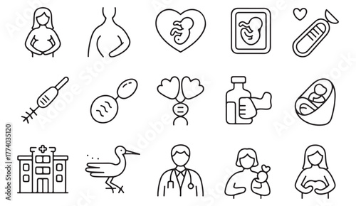Vector icon collection of pregnancy, fertility, and maternity care symbols for healthcare and wellness projects