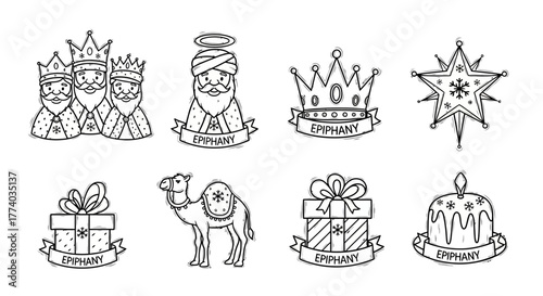 Epiphany icons set in black and white outline style with gifts and symbols