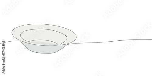 One line drawing of an empty soup plate. Minimal continuous line art for restaurant, kitchen, and tableware design.
