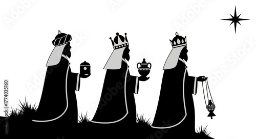 Silhouette of three wise men following the star on a journey