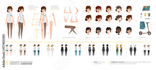 Diverse female character creator set for animation with full-body poses, outfits, and professions. Includes editable heads of various ethnicities in front and 3 quarter view for design projects.