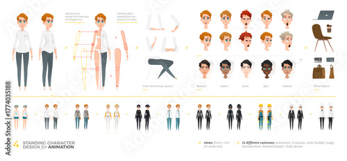 Diverse female character creator set for animation with full-body poses, outfits, and professions. Includes editable heads of various ethnicities in front and 3 quarter view for design projects.