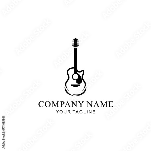 A minimalist black and white logo featuring an acoustic guitar silhouette with the text "COMPANY NAME YOUR TAGLINE" below.
