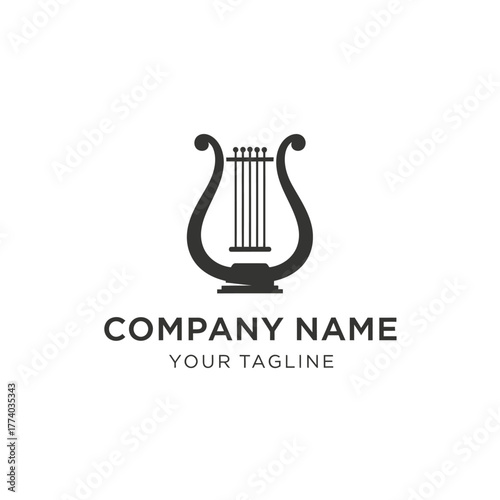 Black silhouette of a classic lyre musical instrument logo with placeholder text for company name and tagline on a white background.