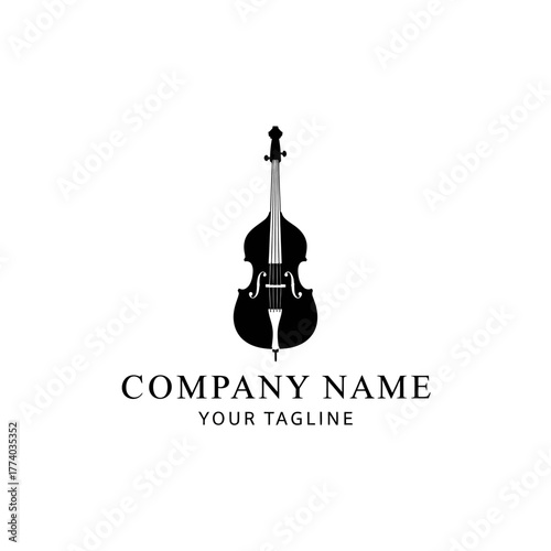 Elegant logo template featuring a black silhouette of a double bass musical instrument with sample text.