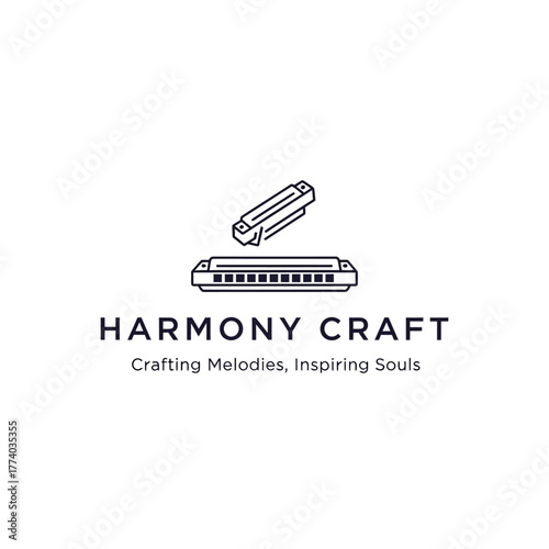 Harmony Craft logo featuring a stylized harmonica illustration with the tagline "Crafting Melodies, Inspiring Souls.".