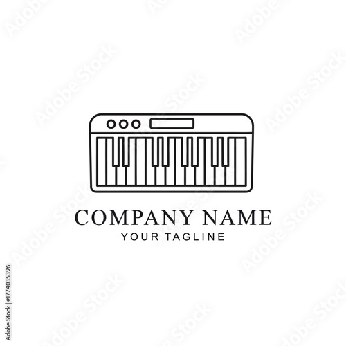 Monochrome line art logo featuring a keyboard instrument with company name and tagline.