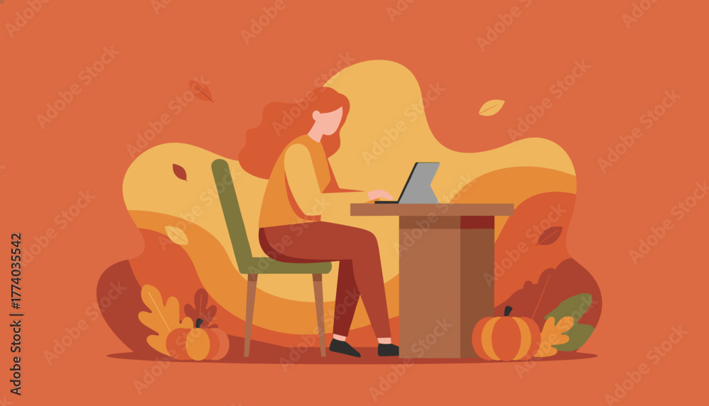 Fototapeta premium Autumn productivity Woman using technology for work in a warm festive fall setting