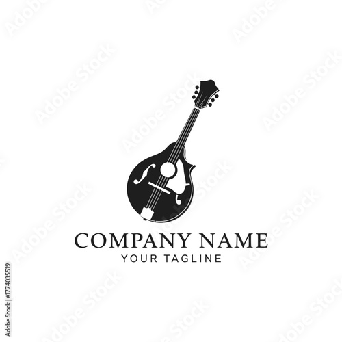 Black and white mandolin logo design with company name.