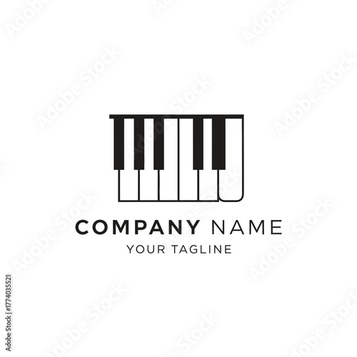 Minimalist piano keyboard logo design template with placeholder text for company name and tagline.
