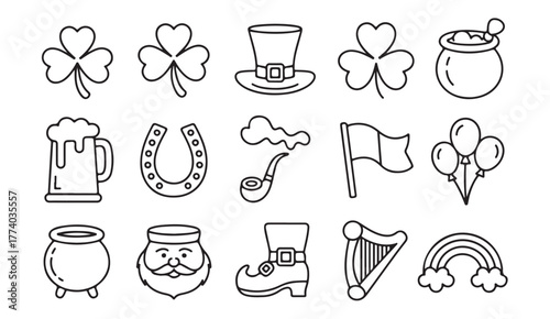 Cute doodle-style vector collection featuring St. Patrick’s Day elements — shamrocks, beer, and gold pot