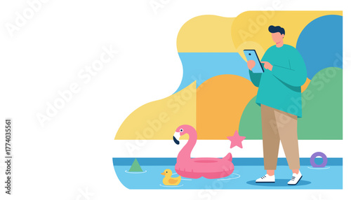 Man uses tablet poolside with flamingo float Summer leisure travel and digital connectivity illustration