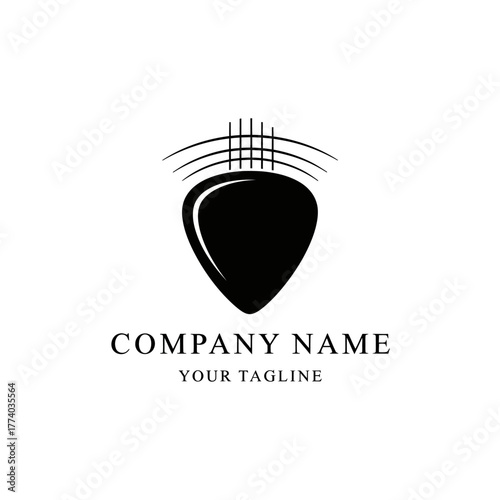 Minimalist black guitar pick logo with strings and sound waves, a template for a music company brand identity.