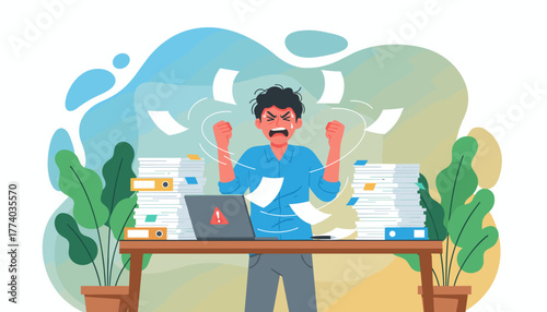 Stressed office worker overwhelmed by excessive paperwork and deadlines illustrating burnout