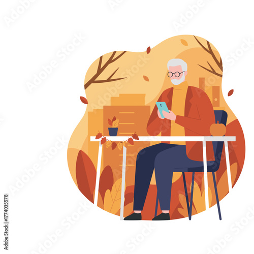 A stylish elder man uses a phone at a table with autumn decor and city skyline background