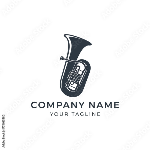 Monochrome illustration of a tuba, a brass musical instrument, with company name and tagline.