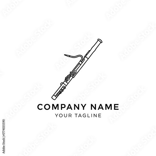 Line drawing of a bassoon musical instrument with company name and tagline below.