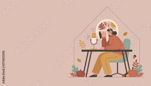 Woman podcasting from a cozy autumn home studio Flat illustration for digital content creation