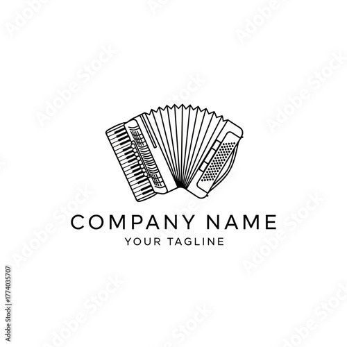 A black and white line drawing of an accordion with the text "COMPANY NAME" and "YOUR TAGLINE" below it.