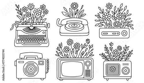 Artistic monochrome vector of retro media objects with floral decorations and botanical details