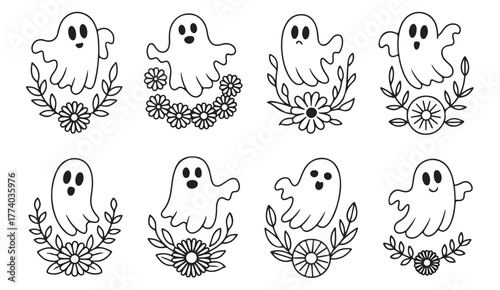 Adorable cartoon ghosts with floral decorations — black and white vector for seasonal art and tattoos