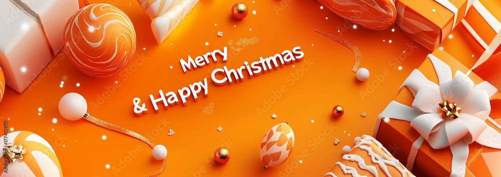 Obraz premium Cadeaux de Noël orange et blancs avec ruban bolduc et boules assorties sur fond orange, texte en anglais