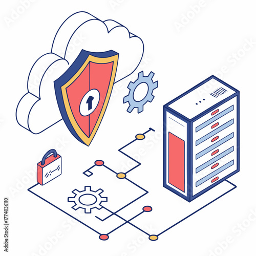 Isometric cloud server with shield and padlock