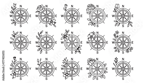 Elegant compass designs with flower and leaf elements in minimal black and white vector style
