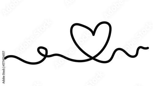 Minimalist black continuous line drawing of a heart shape with flowing curves