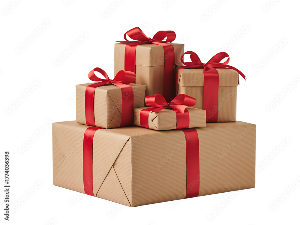 Obraz premium Stack of wrapped gifts in kraft paper isolated on transparent background