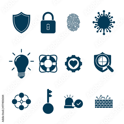 Collection of security and protection icons including shield lock fingerprint virus lightbulb lifebuoy gear brain key and siren