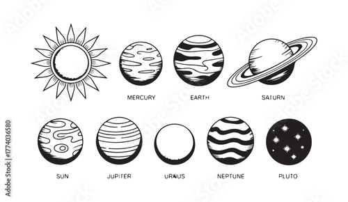 Artistic outline drawing of planets, Saturn, sun, and celestial orbits in monochrome vector styleArtistic outline drawing of planets, Saturn, sun, and celestial orbits in monochrome vector stylev