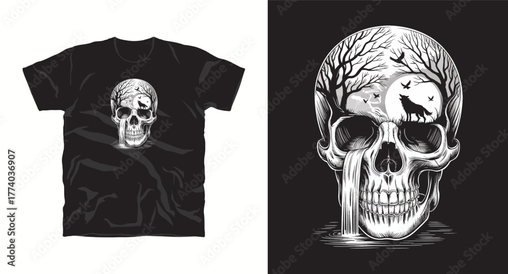 Obraz premium Skull with Wolf Head Vector Design Black T-shirt Mockup Skeleton Head Waterfall Silhouette in Eyes Wolf Nature Animal Silhouette Night Landscape Design Template for Textile