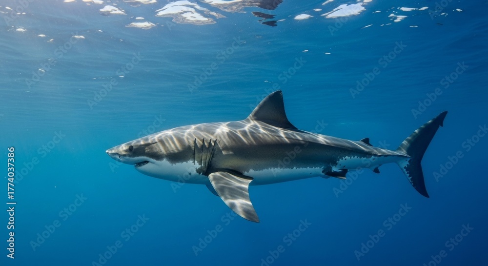 Obraz premium Great white shark swimming underwater in sunlit ocean scene