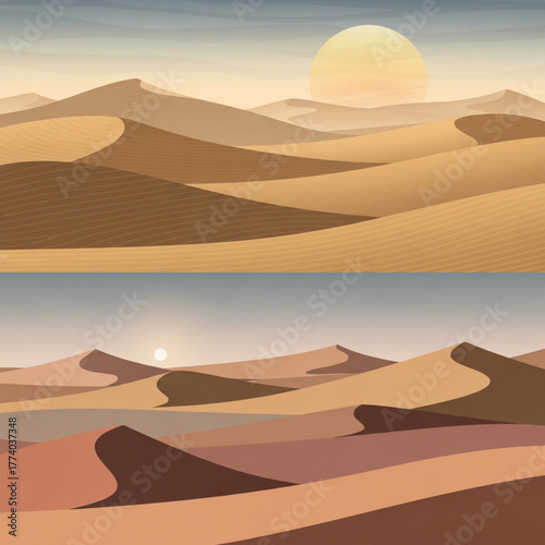 Stunning desert landscape with rolling sand dunes and sun, evoking peace and adventure, ideal for travel, nature, or artistic projects, originally a scalable graphic