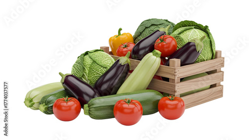Freshly harvested organic vegetable assortment in a rustic wooden crate on a transparent background