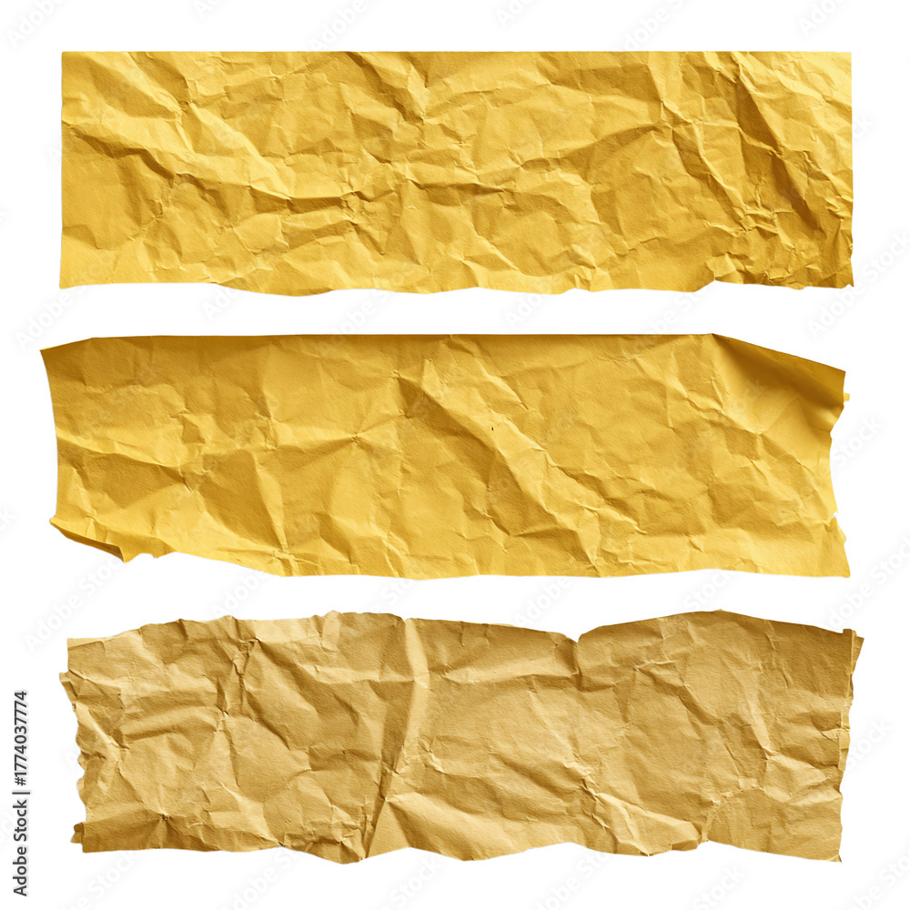 Obraz premium Set of three yellow wrinkled, creased paper stickers for mockup. Isolated on transparent background, png